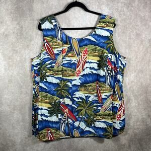 Vintage Hilo Hattie Hawaiian Tank Top Womens 2X‎ Blue Surfboard Sleeveless Beach